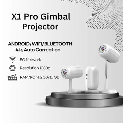 Punnkk X1 Pro Smart Gimbal 4K Mini LCD Android13 WiFi BT5 1080P Auto Keystone 2GB/16GB (6500 lm / 1 Speaker/Wireless/Remote Controller) Portable Projector 5