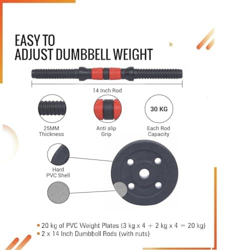 FitBox Sports Intruder 20 Kg Adjustable PVC Dumbbells Weights With Dumbbells Rods For Home Gym & Strength Training, 10 Kg X 2 (Black) 4