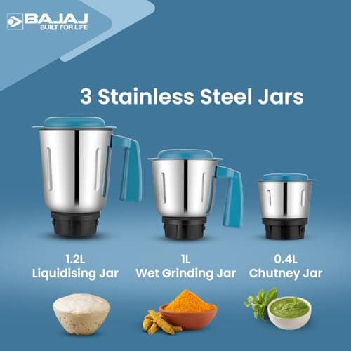 Bajaj Rex Dlx Mixer Grinder 750 Watts Mixie For Kitchen With Nutri-Pro Feature | 4 Stainless Steel Mixer Jars | Multifunctional Blade Dry & Wet Grinding Overload Protector | 1 Yr Warranty 【White/Blue】 3