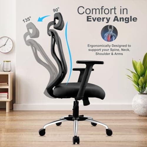 ASTRIDE Ergofit Ergonomic Office Chair for Home | 3-Years Warranty | 2D Headrest, Adjustable Arms & Lumbar Support | Tilt Lock Mechanism [Heavy Duty Chromium Metal Base, Black] 4