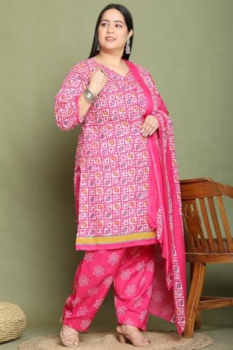 Rajnandini Women Cotton Blend Pink Printed Plus Size Ready to Wear Patiala Salwar Suit (Readymade_10XL_JOPLVSMRW4281X-10XL) 4