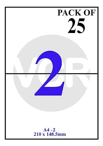 VCR A4 Size White Self Adhesive Label/Sticker for Printer (Inject/Copier/Laser) - 2 Sticker Per Sheet - 25 Sheets Pack 2