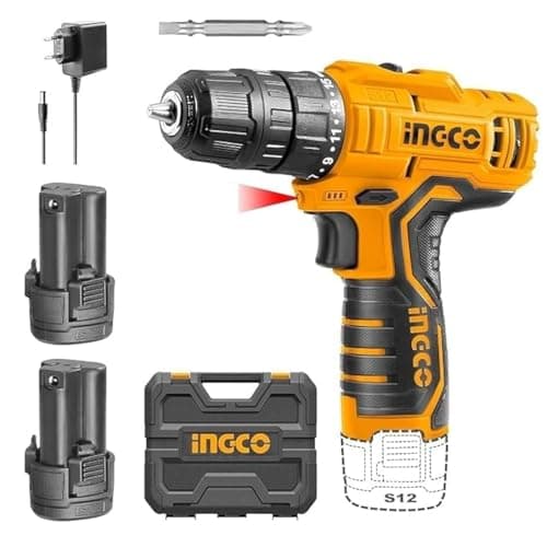 INGCO Drill Machine for home use, 12V Drilling Machine, Cordless Drill With 2 PCS Batteries and charger, Yellow