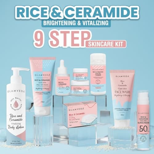 Glamveda Korean Rice & Ceramide 9 Step Skincare Routine For Women & Men | Face wash, Peel Off Mask, Toner, Serum, Under eye Cream, Moisturizer, Sunscreen, Body Lotion & Soap | Skin Brightening 2