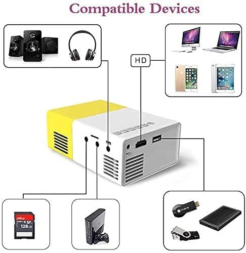 Mini Projector, Portable Pico Full Color LED/LCD Video Projector with HDMI, USB, AV Interfaces and Remote Control, White/Yellow 2