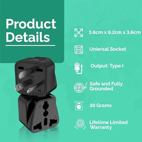 rts (2 Pack) India to Australia AU China New Zealand Argentina Fiji Travel Adapter Plug Converter Type I Tablet Travel Essentials for Travel for Smartphones, Phones, Laptops, Camera Chargers Tablet 2