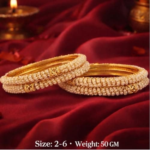 ACCESSHER Traditional Gold Plated Bangles With Beaded White Faux Pearl For Women and Girl (Set of 4) (2.6) 6