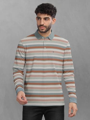 BULLMER Striped Textured Printed Polo Neck Fullsleeve T-Shirt with Rib for Men_Brown_Medium 2