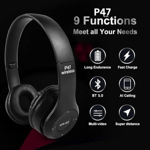 P47 Wireless Portable Gaming Headphone Microphone Stereo Card Support Bluetooth Headset (Black) 5