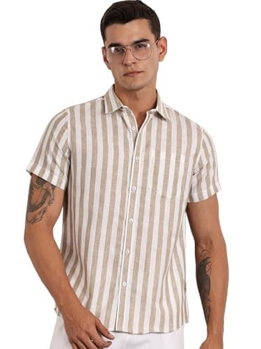 Thomas Scott Mens Half Sleeves Cotton Linen Striped Casual Shirt (TS1375_Brown, 3XL)