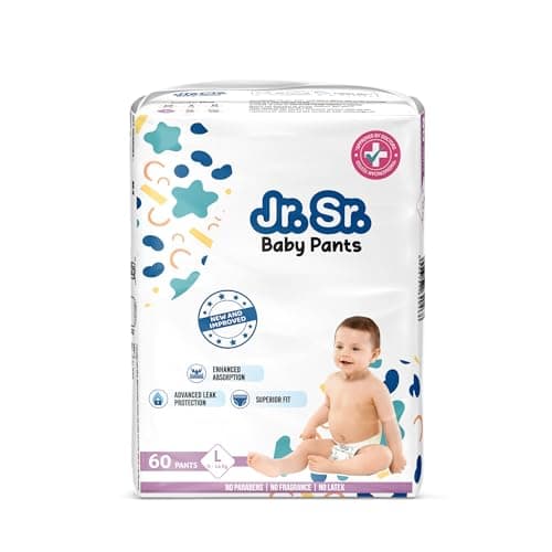 Jr. Sr. Baby Diaper Pants | Large (L) Size (9-14 kg), 60 Count | Pack of 1 | Upto 12 hr Absorption with Advanced Leak Protection | Safe For Babies Skin | Soft, Secure & Comfy