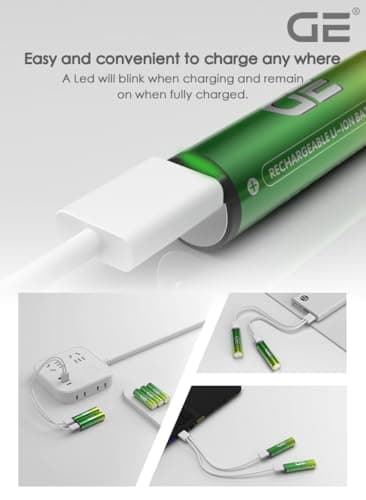 GE® AA Rechargeable Batteries (Lithium 1.5V - 2500 mWh) - New Launch in 2025 | Fast Charge (Direct USB‑C + Wireless) | Pack of 2 Batteries | 10 Years of Life and 1,500+ recharges, 3 Year Warranty 3