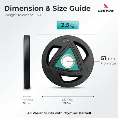 LEEWAY Olympic Weight Plates (2.5kg x 2) | 51mm Standard Hole Size | Tri-Grip Design | Olympic Barbell Compatible | Noise-Free Floor-Safe | Beginners Home Gym Strength Training (Black, 2.5kg Pair) 5