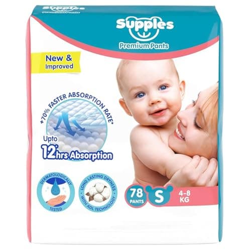 Amazon Brand - Supples Premium Baby Diaper Pants | 78 Baby Diapers | Small | 4-8 Kg | 12 Hrs Absorption | Cushiony Cotton Soft Fabric | Phthalates-Free | Triple Leak Guard