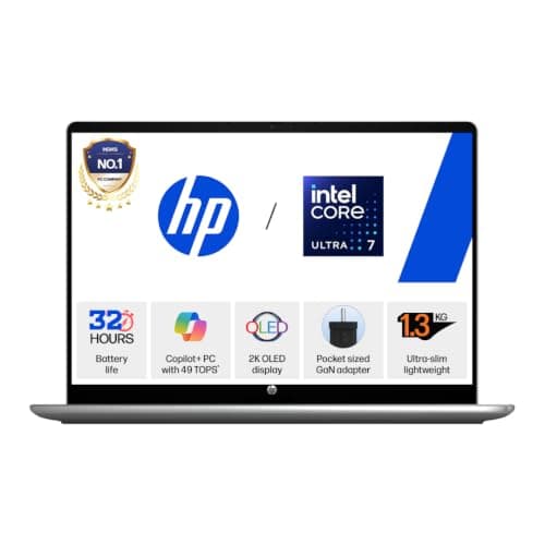 HP OmniBook 5 OLED ● Intel Core Ultra 7 355 ● 49 Tops ● 16GB LPDDR5x ●1TB SSD ● 2K● 14''/35.6cm● Win11● Office24● Meteor Silver● 1.33kg● hh0030TU● mini GaN Charger● Upto 32hrs battery life ● AI Laptop