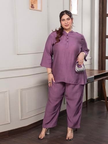 TITTLI Rose Colour Rayon Co-Ord Set | Plus Size Mandarin Collar Tunic with Three-Quarter Sleeves & Elastic Waist Trousers for Women | Casual Outfit (Rose, 5XL) 2