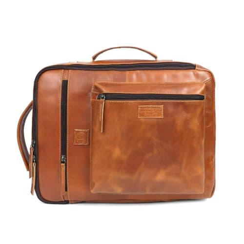 LUXURIO CRAFT Leather Laptop Backpack for Men & Women | 2-in-1 Convertible Office Bag | Fits Upto 15.6 Inch Laptop | Premium Tan Leather Work & Travel Bag with Multiple Compartments