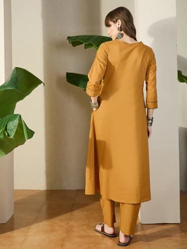 INDO ERA Women's Pure Cotton Quirky Embroidered A-Line Calf Length Kurta & Pant Set | Co Ord Set For Women Stylish 4