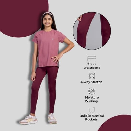 Dripmov Girls Premium Activewear Wine Tights | Wide Waistband for Extra Comfort | All Day Sports Leggings | Stretchable | High Waist Leggings for Girls - Regular Fit (10 to 12 Years) 2