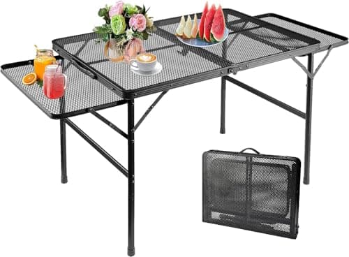 MUGATH Portable Folding Camping Table, Adjustable Height Aluminum BBQ Table with Mesh Grill & Dual Wing Panels, Lightweight Picnic Table for Outdoor Cooking, Beach & Garden 5