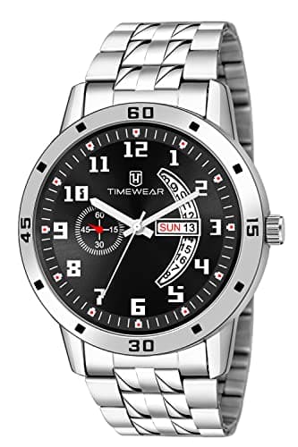 TIMEWEAR Stainless Steel Formal Day Date Watch Collection Analog Men Watch (Black Dial Silver Colored Strap), Silver Band