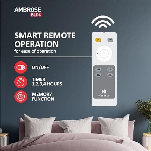 Havells 1200Mm Ambrose Bldc Motor Ceiling Fan|Premium Matt Finish Decorative Fan, Remote Control, High Air Delivery|5 Stars Rated, Upto 60% Energy Saving, 2 Yr Warranty|(Pack Of 1, Midnight) 2