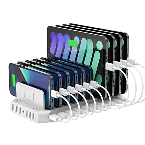 iPad Charging Station, Unitek 96W 10-Port USB Charging Dock Hub with Quick Charge 3.0, Charging Stand Compatible Multiple Device, Charging 8 iPads Simultaneously - White [Upgraded Divider]