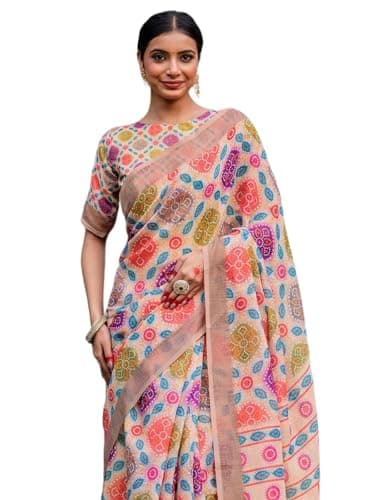 SIRIL Women's Cotton Linen Bandhani Printed Saree with Unstitched Blouse Piece (5277S757_Peach)