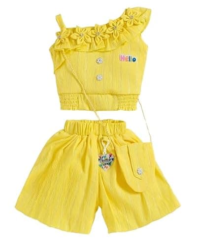 STYLO DRESSES Cotton Blend Solid Trandy Girls' Ruffle Top & Shorts Set (Lemon Yellow, 1-2 Years)