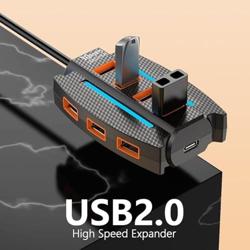 SPIN CART 10-Port USB 2.0 Hub with RGB Lighting, High-Speed Multi Hub Splitter, 1.2m Cable, Power Adapter, Carbon Fiber Pattern Design for Desktop, Laptop 3