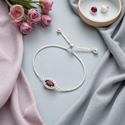 ACCESSHER Women's & Girls Silver Plated Maroon Marquise Crystal Adjustable Bracelet, Stylish Bangle Charm Chain Bracelet Gift For Birthday, Valentine's & Friendship 4