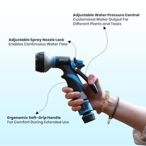 IFFCO Urban Gardens - Hose Nozzle 1 Pc - 8 Mode Watering Spray Gun for Plants & Gardening - Soft-Grip Handle, Adjustable Nozzle Lock - Durable, Rust Resistance, Leakproof Design Spray Nozzle 5