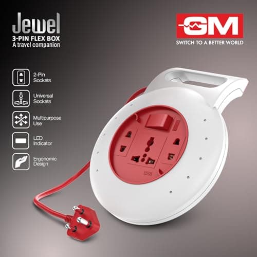 GM Jewel 3046 – 3‑Socket 3‑Pin Flex Box, 4 m Heavy‑Duty Cord with Handle, LED Indicator & Safety Shutters 4