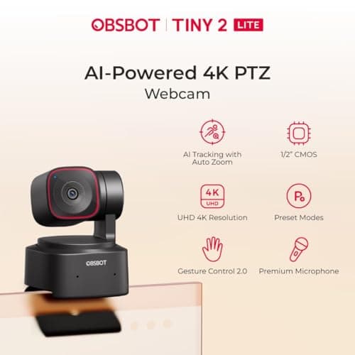 OBSBOT Tiny 2 Lite AI-Powered 4K PTZ Webcam with AI Tracking, 1/2″ Sensor, 1080p@60FPS HDR, Gesture Control, Dual Microphones, Auto Focus | Webcam for PC, Laptop, Streaming, Meetings & Video Calls 3