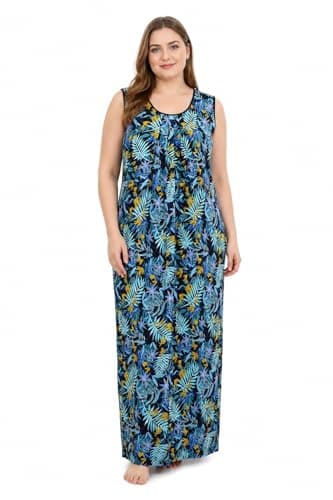 Manvicare Plus Size Sleeveless Nightie for Women, Rayon, Tropical Leaf Print, Maxi Length (8XL) Black