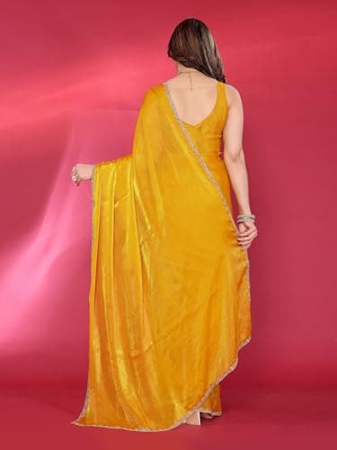 ROOP SUNDARI SAREES Women's Soft Fandy Silk Saree With Hand Work Lace Boarder & Comes With Unstitched Blouse Piece-Mustard_Yellow_Gold 5