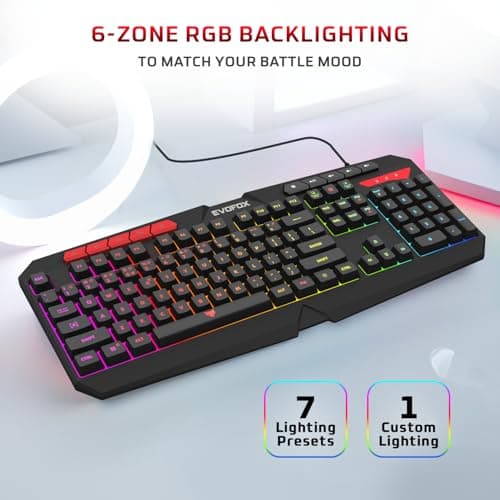 EvoFox Deathray v2 Pro Gaming Keyboard | Programmable Macro & Special Function Keys | 6 Zone RGB Backlighting | 19 Anti Ghosting Keys | Ergonomic Full Size Layout, Membrane Keys | Wired - Black 2