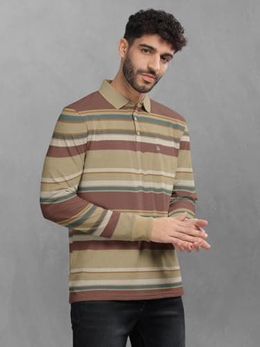 BULLMER Striped Textured Printed Polo Neck Fullsleeve T-Shirt with Rib for Men_Khaki_X-Large 4