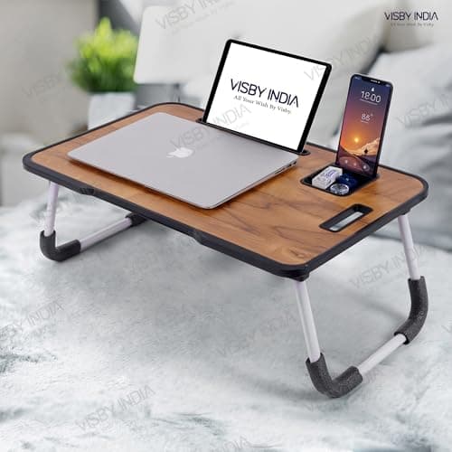 VISBY INDIA Smart Multipurpose Foldable Laptop Table with Cup Holder, Study Table, Bed Table, Breakfast Table, Foldable and Portable/Ergonomic & Rounded Edges/Non-Slip Legs (Wood C-Biding) 2