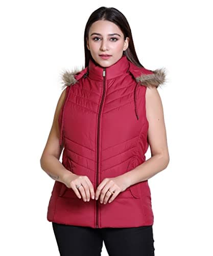 Brazo Women's Sleeveless Solid Jacket With Hoodie (M, Maroon)