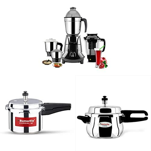 Butterfly Jet Elite Mixer Grinder, 750W, 4 Jars (Grey) & Curve Pressure Cooker, 3 Litre & Cordial Induction Base Aluminium Pressure Cooker, 3 litres, Silver