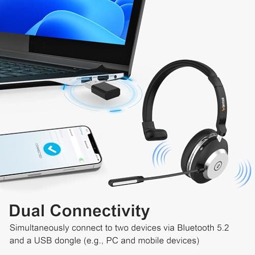 Wantek Mono Bluetooth Headset with Mic for Work, 2.4GHz USB Dongle Wireless Single Ear Computer Headphones with Noise Canceling Microphone, 45H Battery for Mac,Office, Zoom,Call Center 5