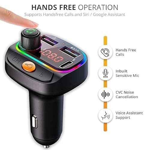 WeFly Car Bluetooth Device [Upgraded BT v5.3] with Call Receiver, FM Transmitter for Music System & Dual USB + Type C Charger; 7 Colour LED Lights; 6 EQ Presets; USB MP3 Support; Voice Assistant 2