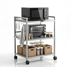 Heavy Duty 3 Tier Microwave Oven Stand for Kitchen | Multi-Purpose Metal Rack with Wheels | Storage Organizer for Oven, OTG, Air Fryer, Printer, and Appliances (Silver)