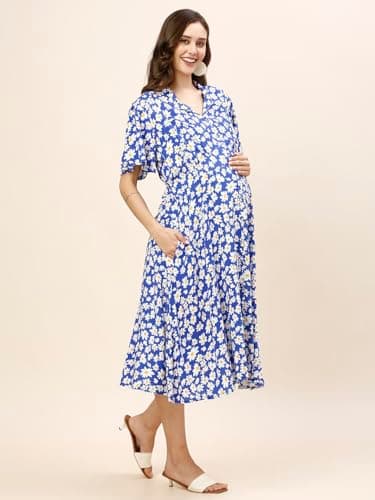 MomToBe Women Fit And Flare Midi Rayon Maternity /Pregnancy /Easy Breastfeeding /Feeding Dress/Western Dress with Zippers for Nursing Pre and Post Pregnancy (Dark Blue ; X-Large) 3