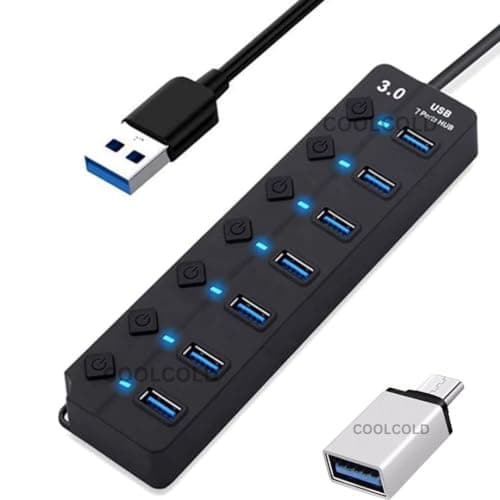 COOLCOLD USB Hub, with Type c Dongle, 7-Port USB 3.0 Hub with Individual Power Switches and Lights, 0.3m Cable, High Speed Extension Hub for PC, Laptop (Black)