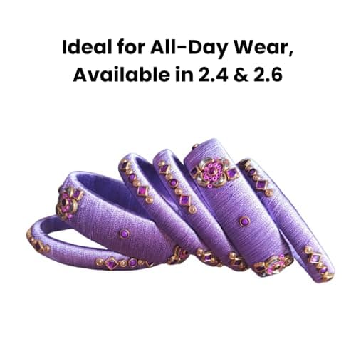 Silk Thread Bangles Set for Women – Purple Color, Kundan Work, Lightweight, Handmade Indian Jewelry (Set of 6, Multiple Sizes) (2.6) 2