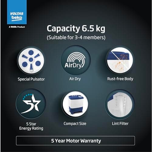 Voltas Beko, A Tata Product 6.5 Kg 5 Star Semi-Automatic Top Loading Washing Machine (WTT65UNX/OK3I0I0W01, Blue, Pulsator wash technology) 2