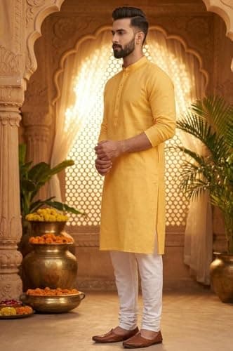 Men’s Cotton Kurta Pyjama Set | Solid Long Kurta Pajama for Men – Regular Fit | Traditional Ethnic Wear for Festive, Wedding & Casual Occasions | Comfortable Cotton Kurta Set (Orange) 2