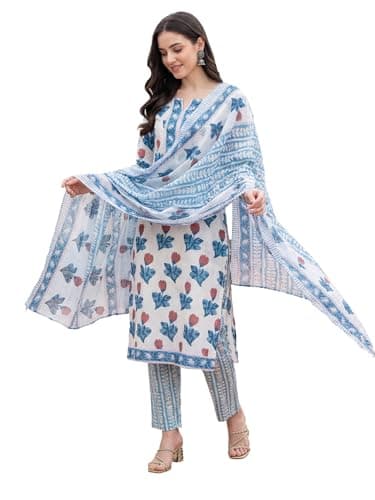 INDO ERA Women's White Pure Cotton Floral Printed Straight Fusion Kurta & Pant with Dupatta Set